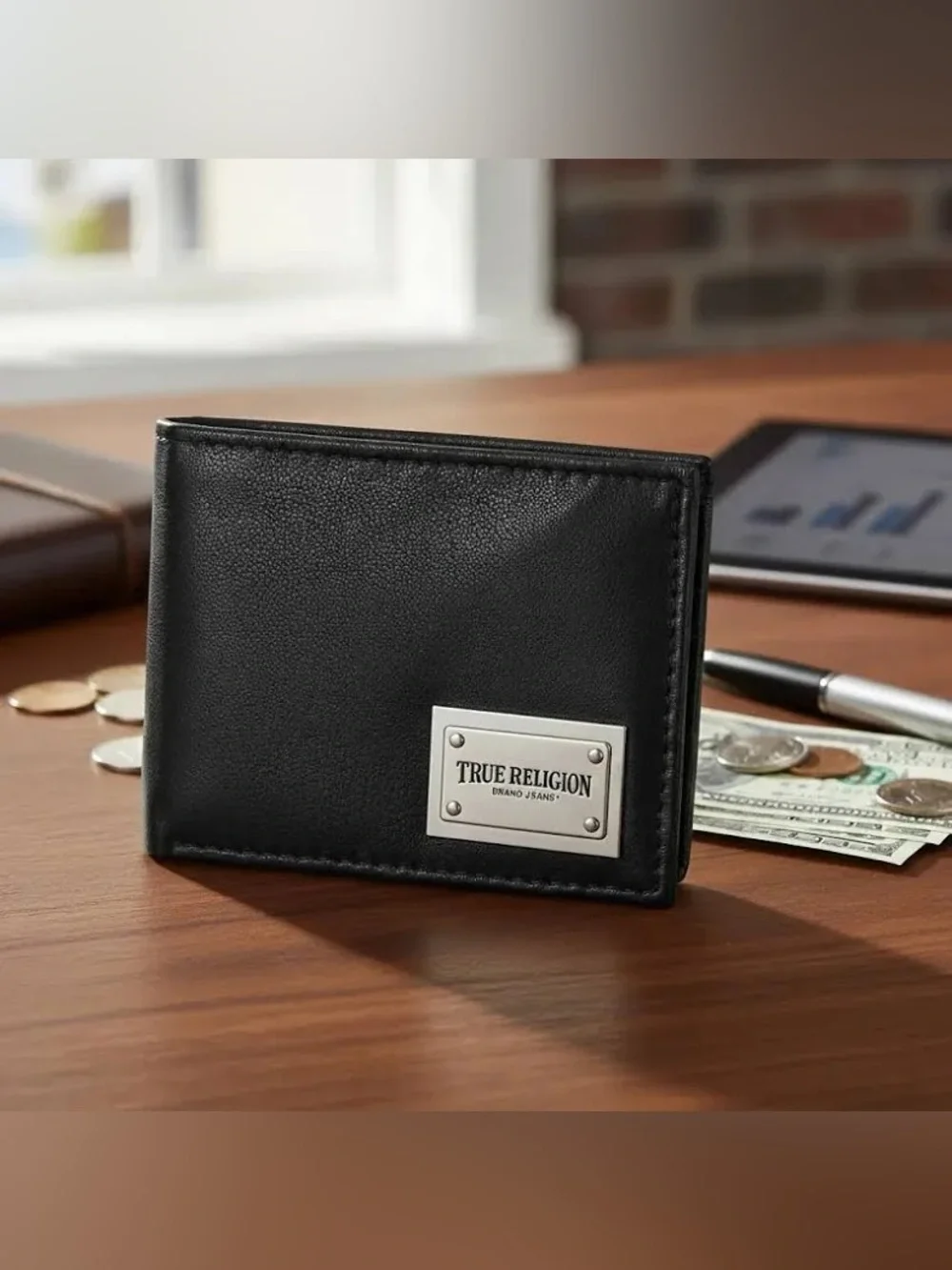 True Religion Black Men’s Bifold Wallet with Red Trim RFID Safe